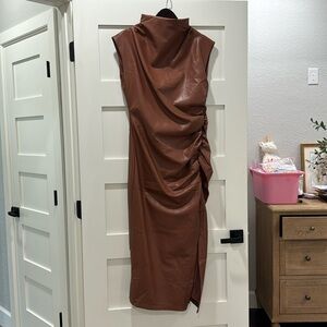 NWT Brown vegan leather Maya rouched dress, size 10